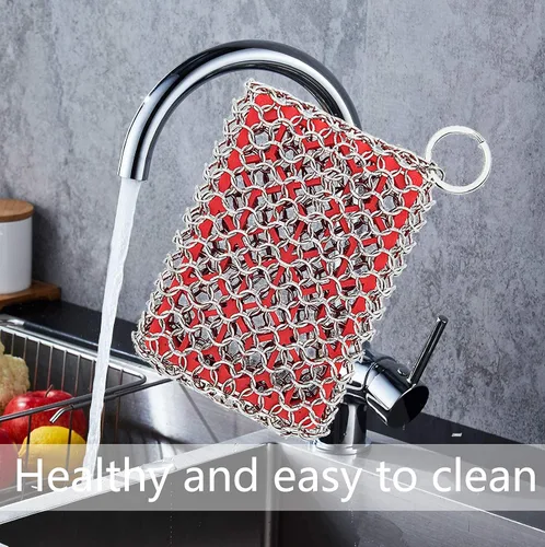 Miniatura 3 de Limpiador de hierro fundido y acero inoxidable, limpiador de malla con inserto de silicona para sartenes de hierro fundido y utensilios de cocina