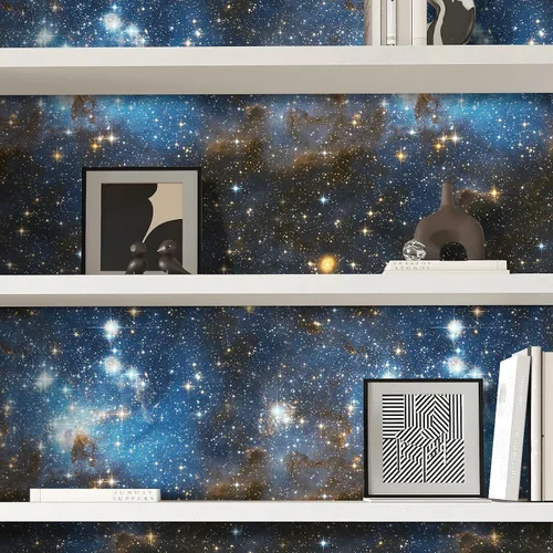 Miniatura 8 de Livelynine Papel tapiz de galaxia para despegar y pegar, color azul oscuro, papel de pared autoadhesivo de Star Wars, estrellas doradas, cielo
