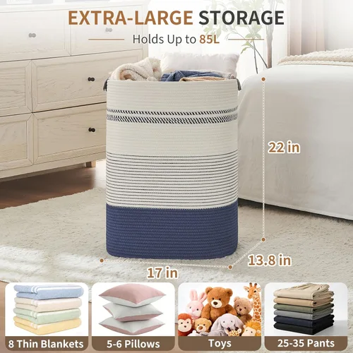 Miniatura 2 de AINUOQI Cesta de lavandería grande – Cesta alta de cuerda tejida con asas de cuero – Cesta de ropa sucia para sala de estar, dormitorio, 17.8 x 13.8