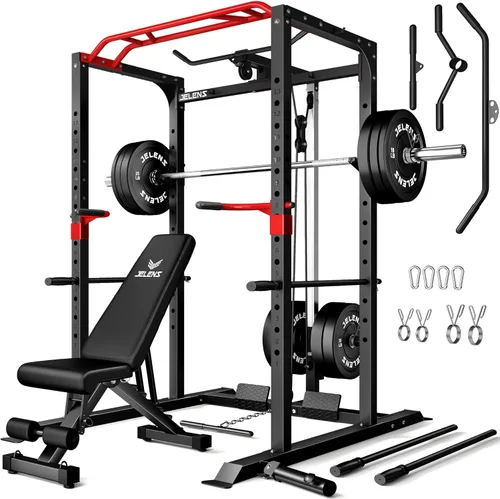 Miniatura 16 de Jaula de potencia JELENS, banco multifunción S11 con capacidad de 2000LBS, barra para sentadillas con sistema de poleas ajustable y más accesorios
