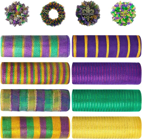 Miniatura 5 de Newwiee 8 rollos de cinta de malla para coronas Mardi Gras de 10 pulgadas x 30 pies cada rollo, decoración de malla Mardi Gras, cinta de malla