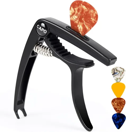 AARVI Cejilla de guitarra de 6 cuerdas para guitarras acústicas y eléctricas, abrazadera universal con 4 púas de alta calidad, compatible con Negro