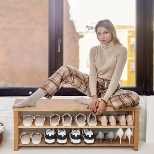 Miniatura 3 de Zapatero de madera maciza, 2 niveles, de madera real, resistente, organizador de zapatos, para entrada, pasillo, vestíbulo, sala de estar, Natural