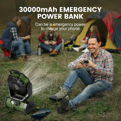 Miniatura 5 de Odoland Ventilador de camping de 30000 mAh con linterna LED, recargable, funciona con batería, oscilante con control remoto y gancho, ventilador