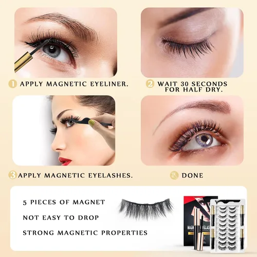 Miniatura 5 de Pestañas magnéticas, pestañas magnéticas de aspecto natural, 10 pares de pestañas reutilizables, 4 tubos de delineador de ojos con pinzas