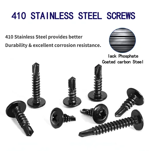 Miniatura 8 de 100 PCS tornillos autoperforantes de acero inoxidable 410 con cruceta negra #8x1, cabeza truss modificada para lámina metálica, alta resistencia