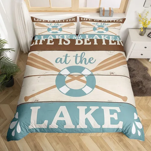 Miniatura 14 de Erosebridal Lake House Twin Bed Set for Boys Girls Kids, Blue and Beige Lakehouse 2Pcs Duvet Cover with Zipper, Rustic Farmhouse Bedding Sets