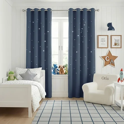 Miniatura 33 de NICETOWN Cortinas infantiles perforadas, cortinas marroquíes con estrellas azules para dormitorio de niñas, gruesas y suaves, para oscurecer la Azul