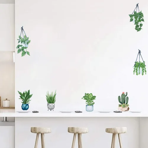 Miniatura 4 de IARTTOP Calcomanía de pared de plantas en maceta de primavera, flores verdes, plantas en maceta, calcomanías de pared para colgar plantas en macetas