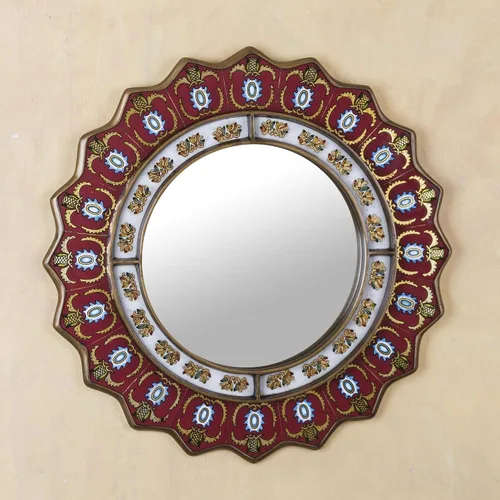 Miniatura 2 de NOVICA Espejo decorativo de pared con marco de madera de vidrio pintado en reversa rojo de Perú 'Ruby Medallion' (grande)