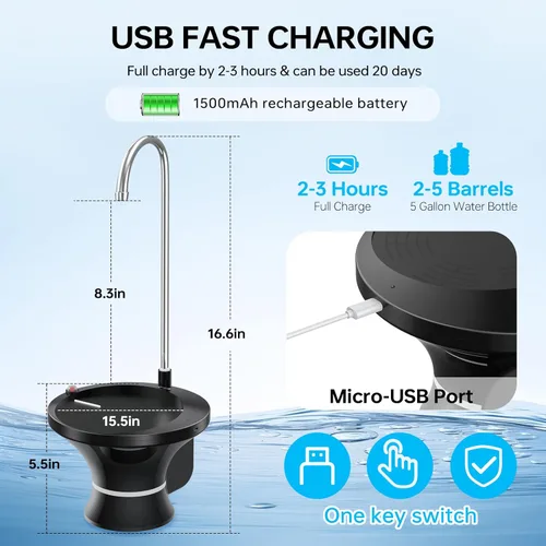 Miniatura 2 de Bomba dispensadora de agua potable, bomba eléctrica automática para botellas de agua potable para jarras de agua de 2-5 galones, recargable por USB