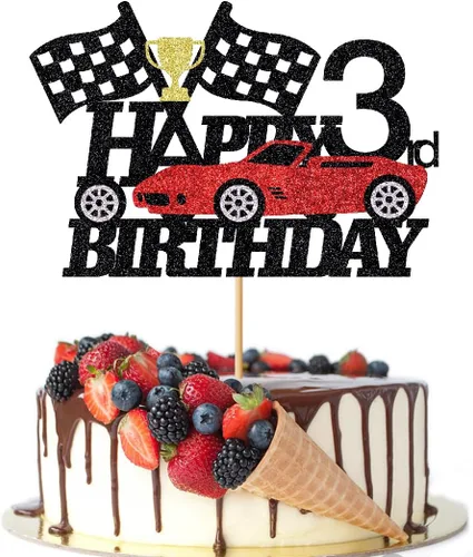 Decoración de pastel de auto de carreras de 3 años, decoración de pastel de feliz tercer cumpleaños, auto de carreras, bandera a cuadros, rueda de