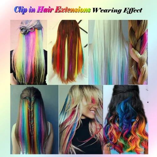 Miniatura 3 de 24 extensiones de cabello con clip de color, 22 pulgadas de largo, lacio, sintético, multicolor, resaltado para fiestas, para mujeres y niñas