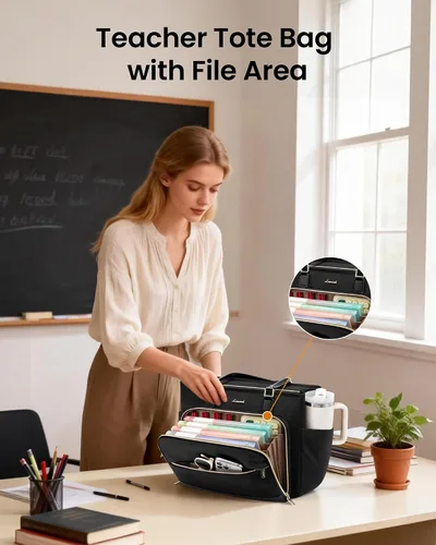 Miniatura 3 de LOVEVOOK Bolsa de mano para profesores, bolsa para laptop para mujer con portavasos grande y área de archivo de acordeón, bolsa de trabajo
