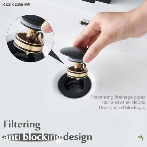 Miniatura 4 de KOKOSIRI C1002BK - Drenaje desplegable para fregadero de baño con cesta coladora, color negro mate con recogedor de pelo desmontable, Mate negro