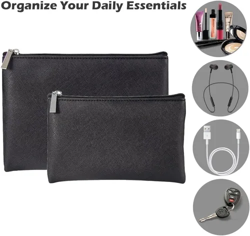 Miniatura 3 de Juego de 2 bolsas de maquillaje, pequeña bolsa de maquillaje con cremallera, bolsa de cosméticos portátil para viajes, bolsa de belleza de piel Negro