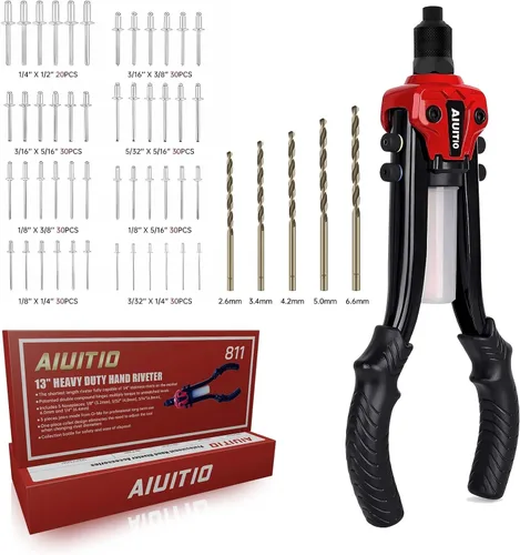 AIUITIO Kit de pistola de remache, pistola de remache pop de 1/4 pulgadas con 230 remaches y 5 brocas, juego de herramientas de remachadora de dos