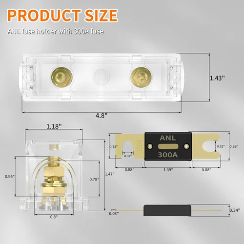 Miniatura 2 de Joinfworld Portafusibles ANL de 300 amperios con fusible ANL de 300 A, bloque de fusibles ANL calibre 0/2/4 para sistema de audio de automóvil
