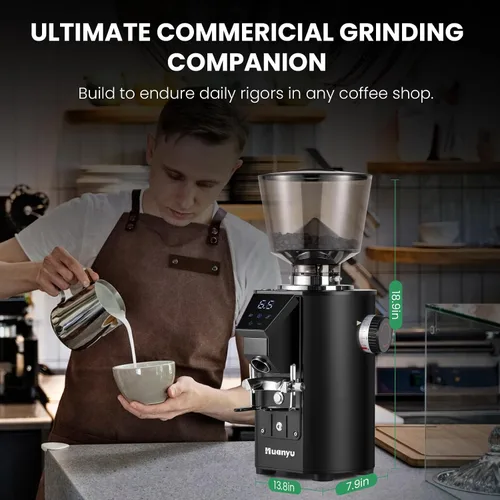 Miniatura 8 de Huanyu Molinillo de café comercial - Control de pantalla táctil, 8 ajustes de molienda, rebaba plana de 2.520 in, modos de dosificación dual