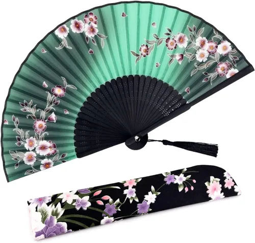 Miniatura 13 de Ventilador de mano plegable para mujer, estilo chino japonés vintage, de seda de bambú, 15 x 8.3 pulgadas, con borla y bolsa para fiesta, boda