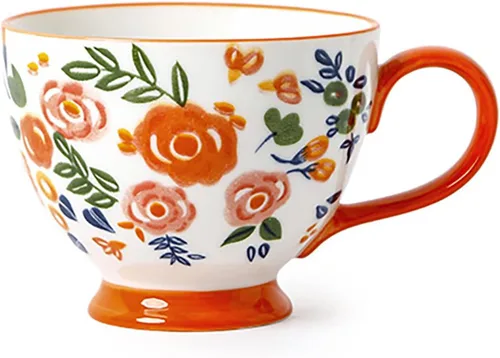 Miniatura 7 de CHOOLD Elegante taza de café grande de cerámica pintada a mano con patrón floral para té y leche, taza de cereales para cocina, cena, 15 onzas