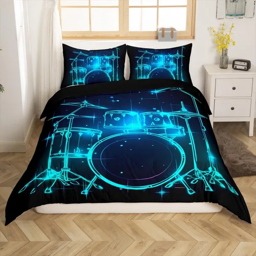 Juego de funda de edredón con diseño de batería azul, juego de ropa de cama de música rock roll, líneas con purpurina, música en vivo, funda de