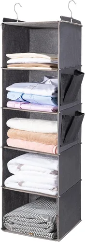 BOOMIBOO Organizador de armario colgante y estantes, 5 estantes colgantes con 2 bolsillos laterales, almacenamiento plegable (gris)