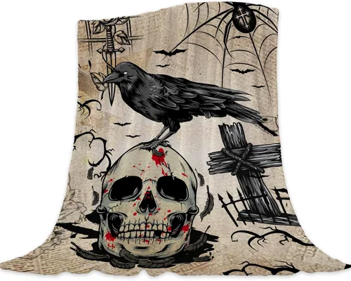 Miniatura 15 de Manta de Halloween – Manta pequeña de calavera vintage para niños y adultos, ligera, esponjosa, suave y acogedora manta de vellón para sofá, cama