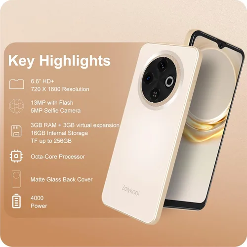Miniatura 2 de A3 4G teléfonos Android desbloqueados 6.6” pantalla HD+ Android 12 teléfono inteligente Octa-Core 6(3+3)+16GB/256 TF Dual SIM teléfono celular Dorado