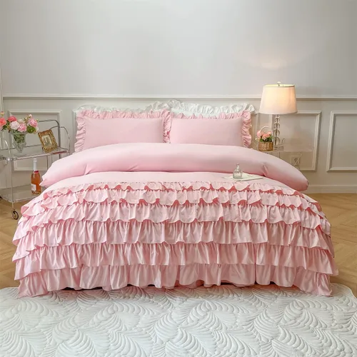 Miniatura 2 de MOOWOO Ropa de cama para niñas – Funda de edredón con volantes en cascada – 2 piezas Shabby Chic Color sólido suave y transpirable con cierre de Rosa