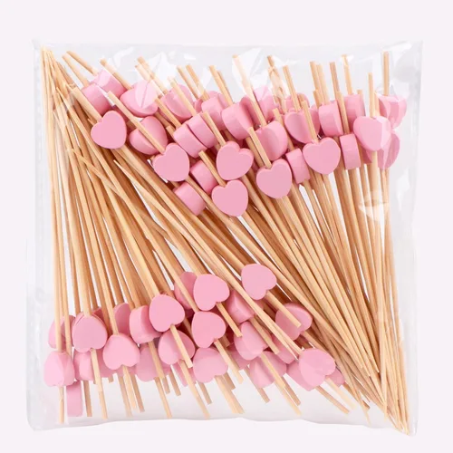 JtmyAota 100 unidades de palillos de dientes de bambú con forma de corazón, púas de cóctel de bambú naturales para aperitivos, pastel de frutas, Rosa
