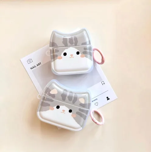 Miniatura 2 de Funda para auriculares de gato gris sonriente para AirPods 1/2, bonita y encantadora cara de gato feliz, funda de silicona TPU suave, funda