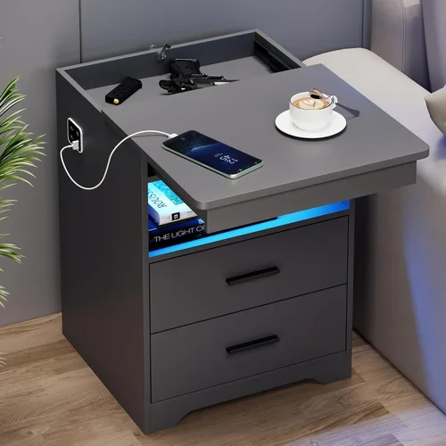 Miniatura 9 de Mesita de noche con cajón para armas, mesa de noche con carga y puerto USB y tipo C, mesita de noche LED con luz sensora humana, mesa auxiliar