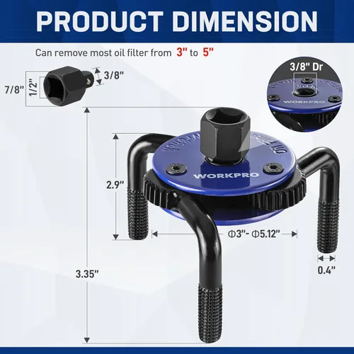Miniatura 2 de WORKPRO Llave de filtro de aceite magnética ajustable, herramienta de extracción universal de 3 mandíbulas 3"–5" (76–130mm), diseño de bloqueo