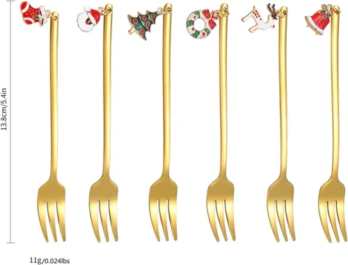 Miniatura 2 de Juego de cubiertos dorados de Navidad para postre, cubiertos de acero inoxidable, 6 piezas, utensilios de aperitivo con mango de abalorios