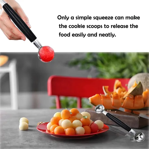 Miniatura 4 de Paquete de 2 cucharas de bola de helado de fruta de doble extremo, bola de fruta de acero inoxidable 430, bolas de melón redondas lisas para sandía