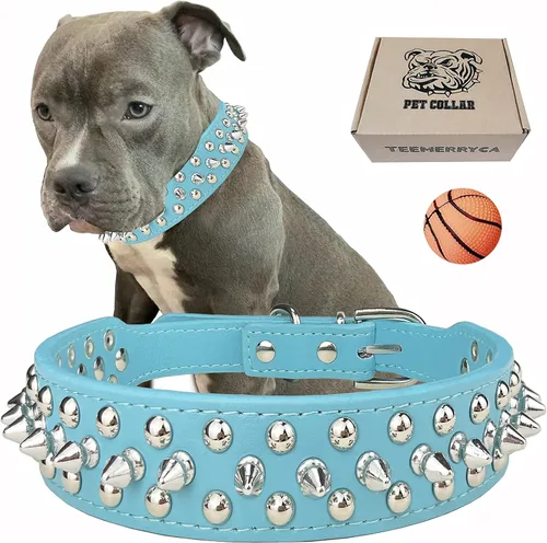 Miniatura 15 de TEEMERRYCA - Collares ajustables de piel sintética con tachuelas para perros, con pelota chillona de regalo, para mascotas pequeñas, medianas