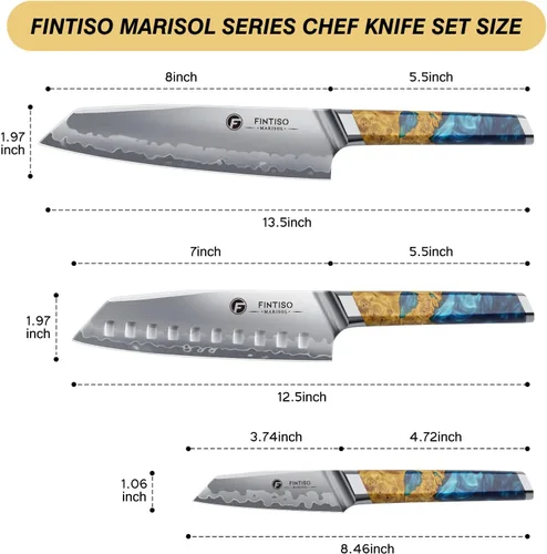 Miniatura 4 de Juego de cuchillos de cocina de 3 piezas, juego de cuchillos de chef japoneses con núcleo de acero en polvo S35VN, mango de resina y madera, juego