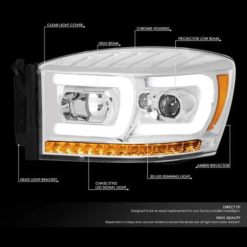 Miniatura 12 de DNA MOTORING HL-HPL-RM06-G-CH-AM LED U-Bar DRL Faros de señal de giro perseguidores compatibles con Dodge Ram 1500 06-08/Dodge Ram 2500 3500 06-09
