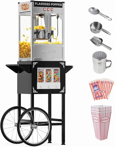 ROVSUN Máquina de palomitas de maíz con carrito, ruedas y hervidor de 10 onzas que hace hasta 4 galones, máquina de palomitas de maíz con Negro