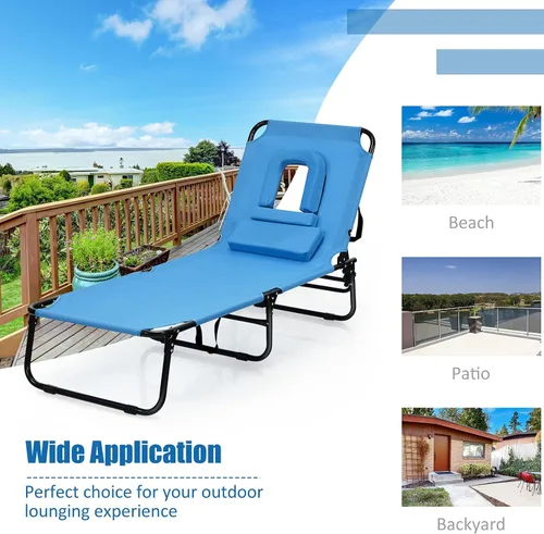 Miniatura 8 de Sillón plegable de playa con 5 respaldos ajustables y almohada acolchada, tumbona para tomar el sol, silla plana de bronceado para cubierta de Azul