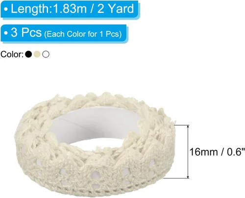 Miniatura 2 de PATIKIL Cinta de encaje autoadhesiva de 0.6 pulgadas de ancho, 2 yardas, paquete de 3 calcomanías de algodón con ribete washi para manualidades