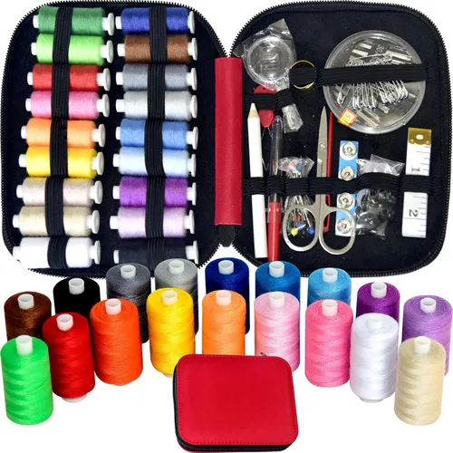Miniatura 13 de Kit de costura con estuche, suministros de costura portátiles para el hogar, viajero, adultos, principiantes, emergencia, contiene 18 hilos