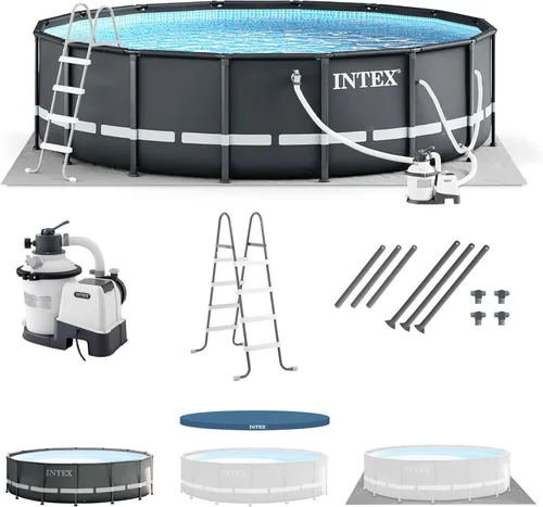 Intex Ultra XTR Frame - Juego de piscina redonda sobre el suelo al aire libre de 14' x 42" con bomba de filtro de arena, escalera, lona protectora