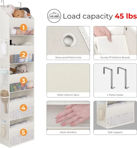 Miniatura 8 de GRANNY SAYS Organizador sobre la puerta, 5 estantes detrás de la puerta con 8 bolsillos y ventana transparente, anti inclinación, almacenamiento