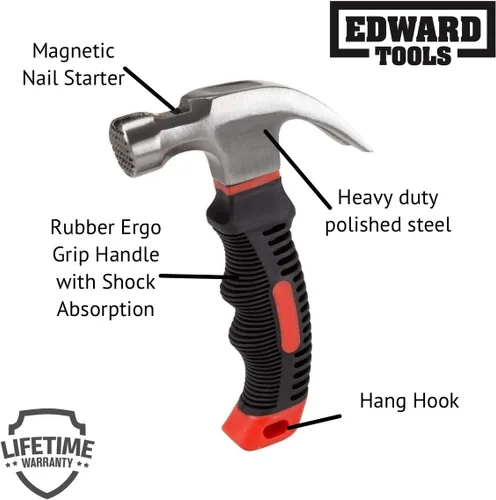 Miniatura 2 de Edward Tools Martillo de garra pequeño de 8 onzas con arrancador de uñas magnético, cabeza de acero pulido resistente, mango de agarre de goma Ergo