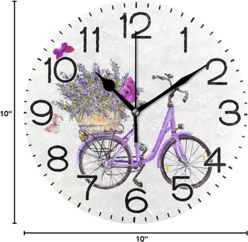 Miniatura 8 de ALAZA Reloj de pared violeta para bicicleta, color lavanda, flores moradas, con mariposas, funciona con pilas, sin tictac, cuarzo silencioso