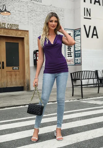 Miniatura 3 de Zeagoo - Camiseta sin mangas elástica de cuello holgado y fruncido, con drapeado lateral, para mujer