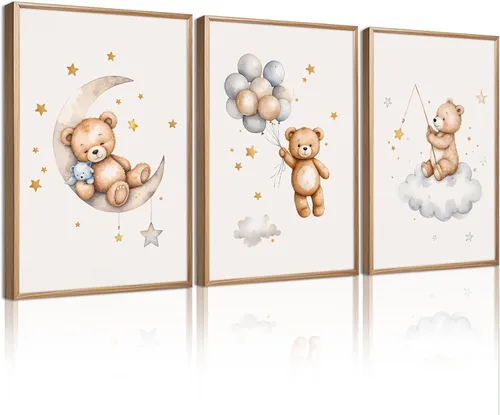 Baccone Arte de pared para habitación de guardería con oso de peluche, póster para habitación de bebé niño o niña, decoración de pared de guardería