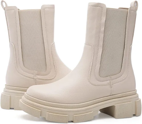 Miniatura 4 de YETIER Womens Mid Calf Platform Booties Lug Sole Elastic Leather Chelsea Boots Chunky Block Heel Non-Slip Combat Comfortable Booties